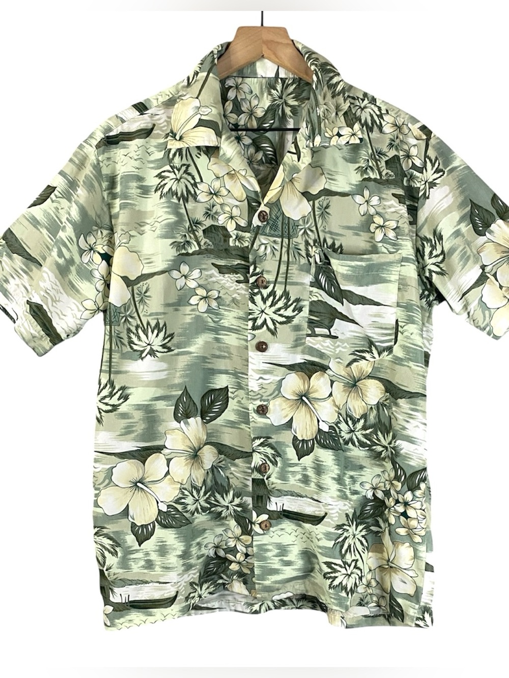Men's Tropical Hawaiian Shirt Summer Button Up Casual Fit Green Size Large